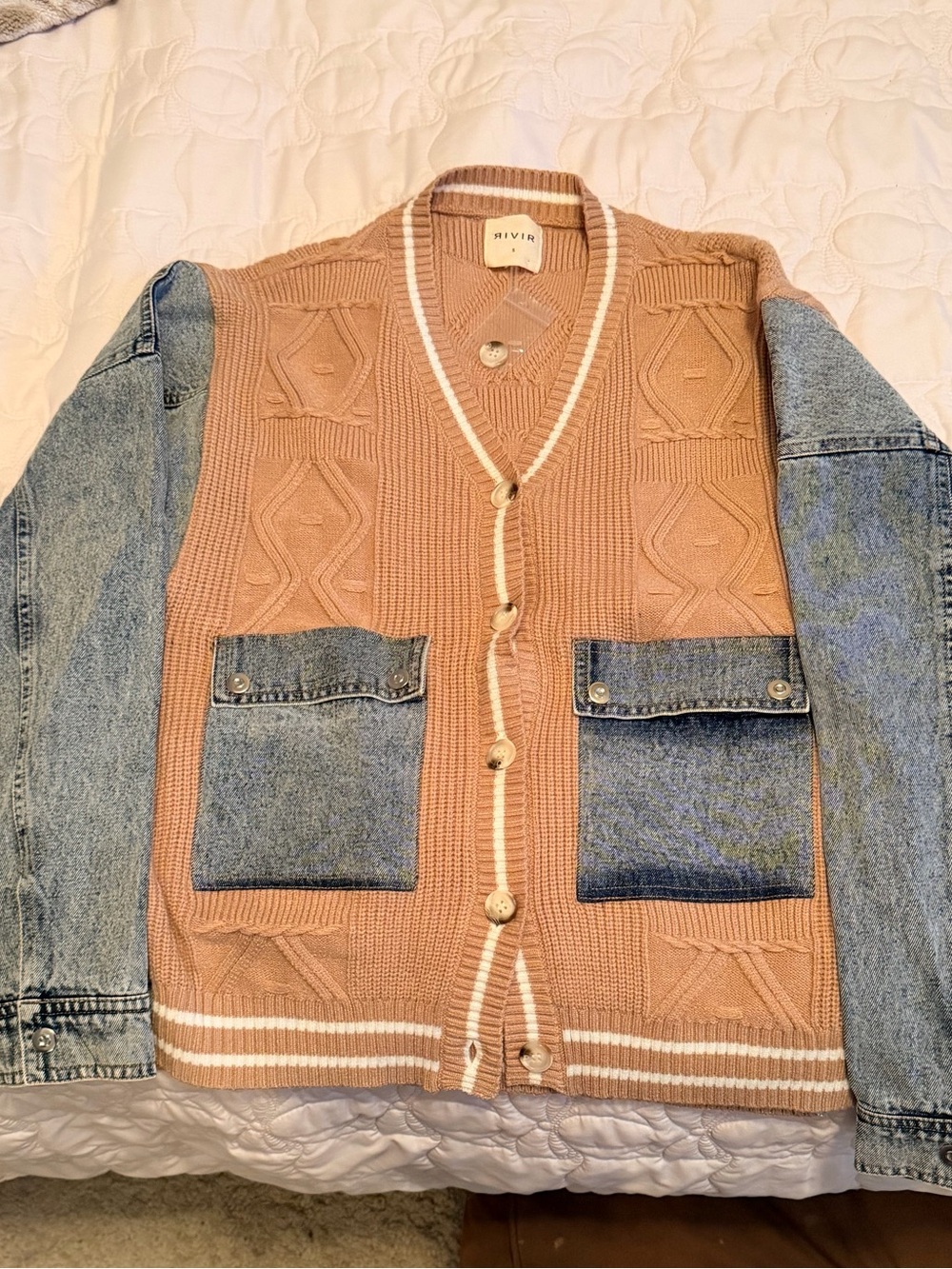 RIVIR Tan Cable-Knit Cardigan with Denim Sleeves Oversized. NWOT